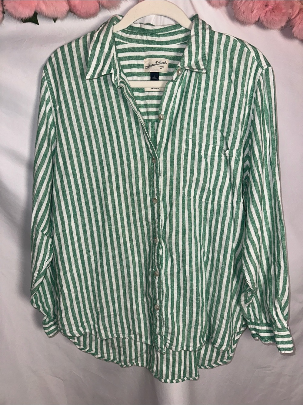 Universal Thread Green and White Striped Relaxed-Fit Shirt